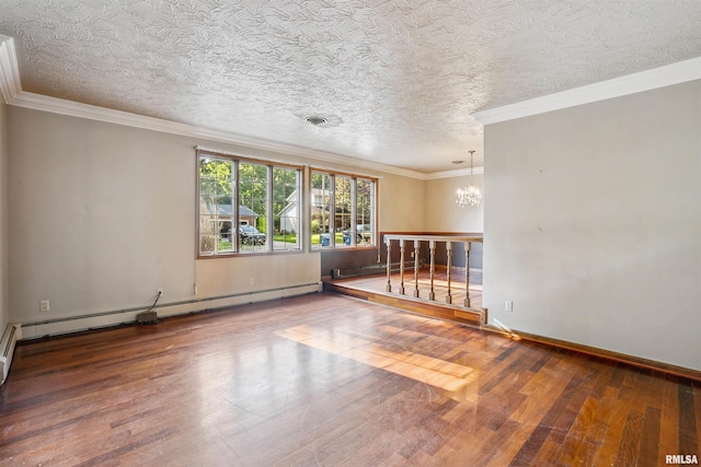 2351 5th St, East Moline, IL 61244 - unfurnished room with hardwood / wood-style floors, a chandelier, ornamental molding, a textured ceiling, and a baseboard radiator