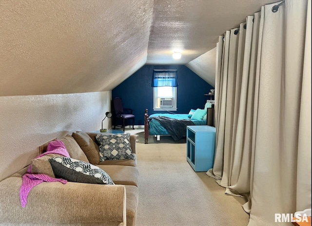 402 SW 7th Ave, Aledo, IL 61231 - bedroom with carpet, a textured ceiling, vaulted ceiling, cooling unit, and a textured wall