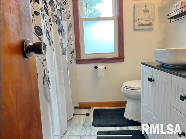 402 SW 7th Ave, Aledo, IL 61231 - full bath with vanity, wood finished floors, and a shower with curtain