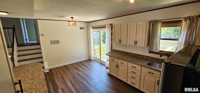 2337 Cameron Dr, Clinton, IA 52732 - kitchen with a textured ceiling, plenty of natural light, dark wood-style floors, ornamental molding, and cream cabinetry