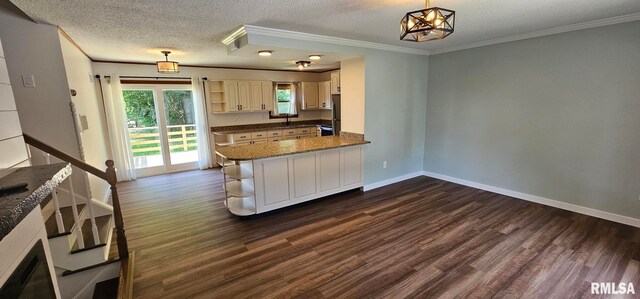 2337 Cameron Dr, Clinton, IA 52732 - kitchen with open shelves, dark wood finished floors, ornamental molding, a textured ceiling, and a peninsula