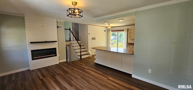 2337 Cameron Dr, Clinton, IA 52732 - kitchen featuring a textured ceiling, crown molding, dark wood-style flooring, a large fireplace, and pendant lighting