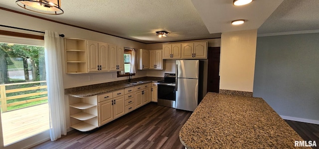 2337 Cameron Dr, Clinton, IA 52732 - kitchen with open shelves, stainless steel appliances, ornamental molding, dark wood finished floors, and a textured ceiling