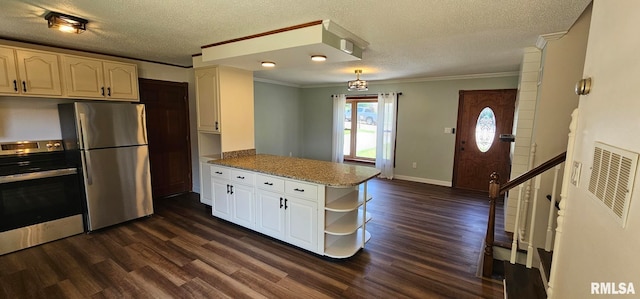 2337 Cameron Dr, Clinton, IA 52732 - kitchen featuring appliances with stainless steel finishes, a peninsula, dark wood finished floors, open shelves, and crown molding