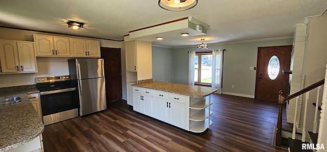 2337 Cameron Dr, Clinton, IA 52732 - kitchen with stainless steel appliances, a peninsula, crown molding, dark wood finished floors, and open shelves