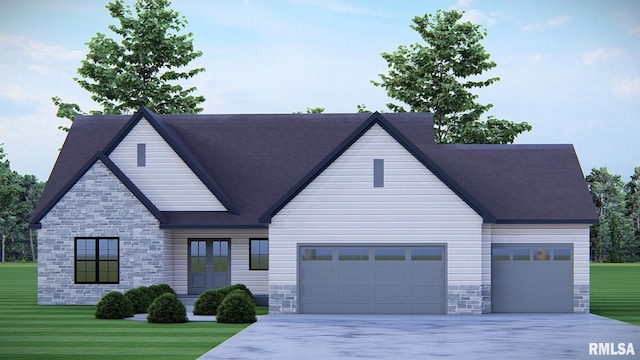 7123 Alvie Ln, Bettendorf, IA 52722 - view of front of house with stone siding, driveway, and a front lawn