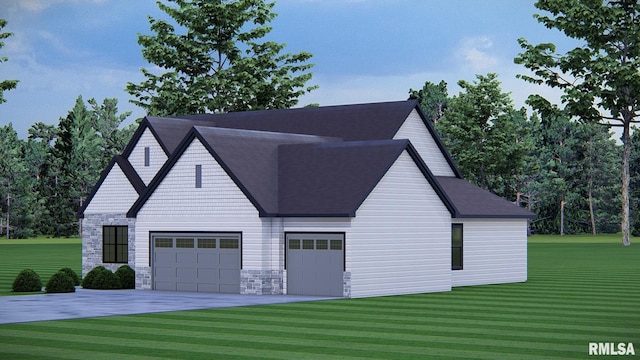 7123 Alvie Ln, Bettendorf, IA 52722 - view of side of home featuring a lawn, stone siding, concrete driveway, and roof with shingles