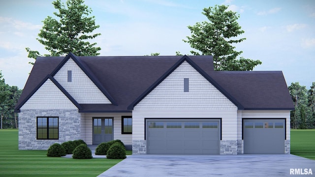 7123 Alvie Ln, Bettendorf, IA 52722 - view of front of property with stone siding, an attached garage, driveway, and a front yard
