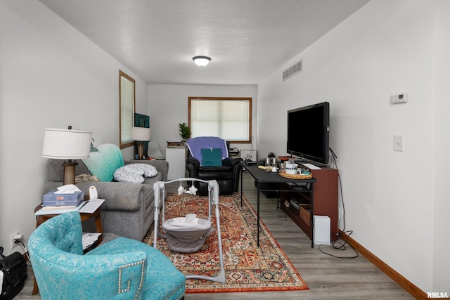 222 6th St, Buffalo, IA 52728 - living area featuring wood finished floors and a textured ceiling