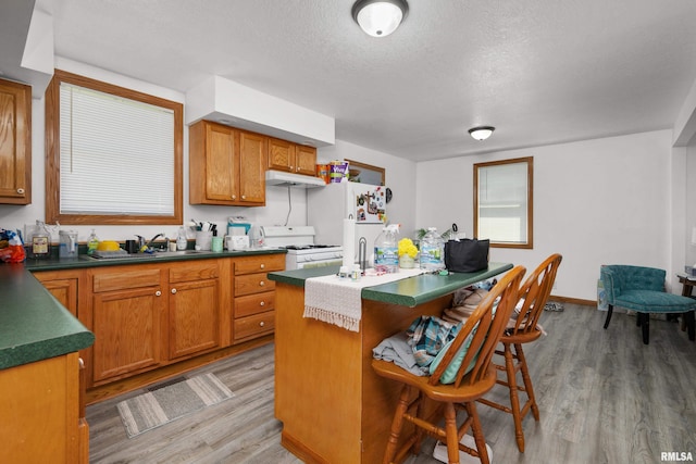 222 6th St, Buffalo, IA 52728 - kitchen with white appliances, light wood-type flooring, a kitchen breakfast bar, a center island with sink, and under cabinet range hood