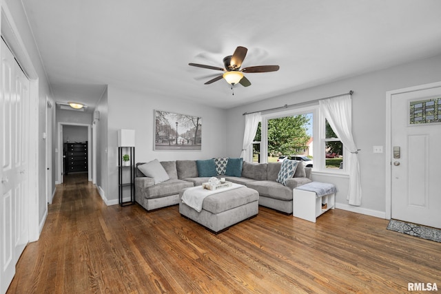 4040 27th Ave, Rock Island, IL 61201 - living room featuring dark wood finished floors and ceiling fan
