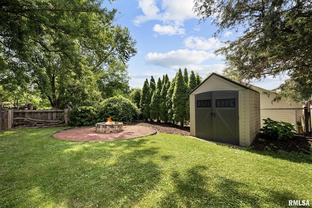 4040 27th Ave, Rock Island, IL 61201 - fenced yard featuring an outdoor fire pit and a shed