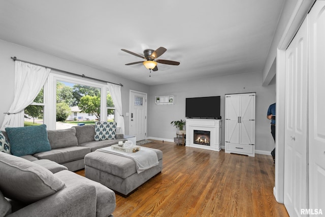 4040 27th Ave, Rock Island, IL 61201 - living area featuring a ceiling fan, wood finished floors, and a glass covered fireplace