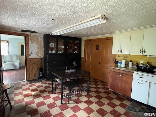 247 W Garfield St, Kewanee, IL 61443 - kitchen with light floors, wainscoting, light countertops, an ornate ceiling, and wood walls