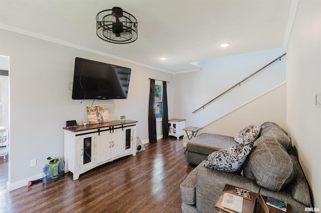 401 W Grand Ave, Carterville, IL 62918 - living room featuring dark wood-type flooring, ornamental molding, recessed lighting, and stairway