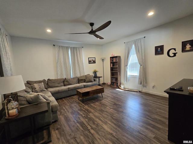 800 13th Ave, Fulton, IL 61252 - living room featuring a ceiling fan, dark wood-style flooring, and recessed lighting