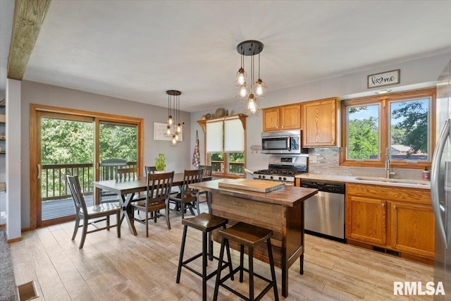 129 Glenview Dr, Sherrard, IL 61281 - kitchen featuring stainless steel appliances, light wood-style flooring, healthy amount of natural light, and pendant lighting
