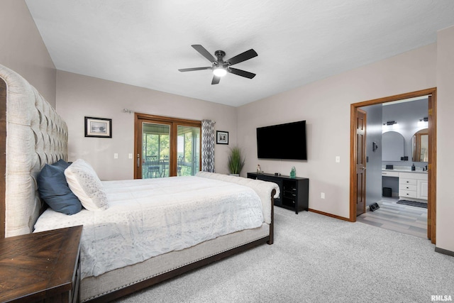 12828 25th Street Ct, Milan, IL 61264 - bedroom featuring access to exterior, carpet floors, a ceiling fan, and ensuite bathroom