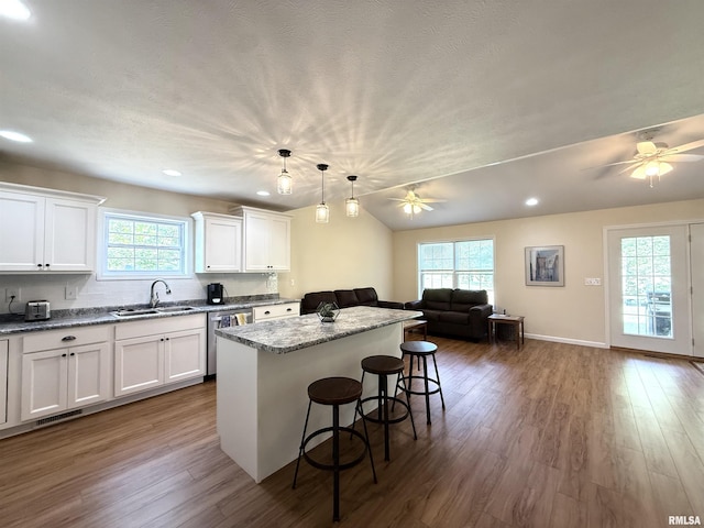 312 Mcvicker Dr, Energy, IL 62933 - kitchen with stainless steel dishwasher, a ceiling fan, open floor plan, a kitchen bar, and recessed lighting