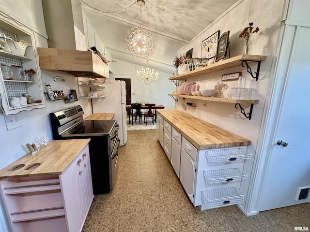 1401 12th Ave, Viola, IL 61486 - kitchen featuring open shelves, wooden counters, electric range, a chandelier, and wall chimney exhaust hood