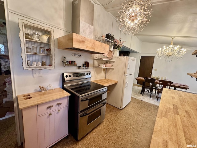 1401 12th Ave, Viola, IL 61486 - kitchen with double oven range, a chandelier, wall chimney exhaust hood, wood counters, and vaulted ceiling