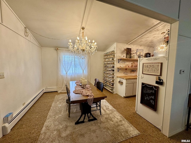1401 12th Ave, Viola, IL 61486 - dining room featuring a baseboard heating unit, lofted ceiling, and a chandelier