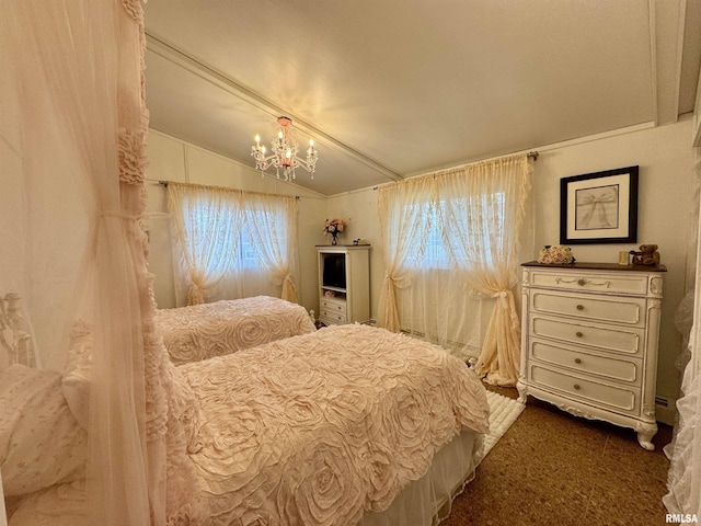 1401 12th Ave, Viola, IL 61486 - bedroom featuring a chandelier, lofted ceiling, and dark carpet