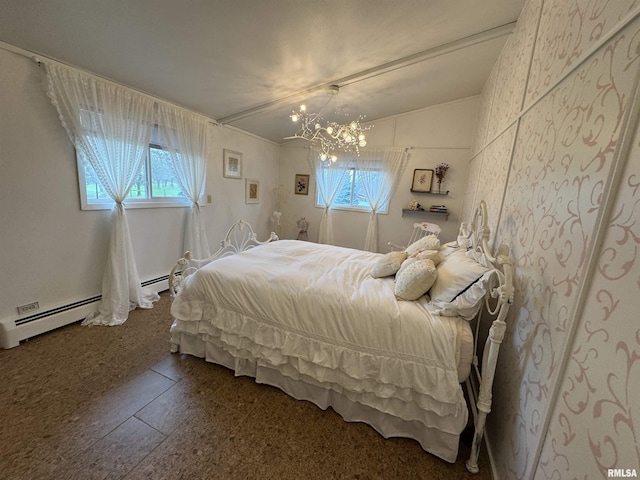 1401 12th Ave, Viola, IL 61486 - bedroom with vaulted ceiling, multiple windows, a chandelier, and baseboard heating