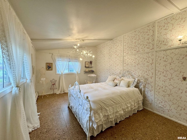 1401 12th Ave, Viola, IL 61486 - bedroom with vaulted ceiling, a chandelier, and wallpapered walls