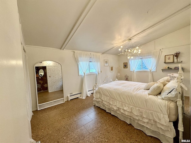 1401 12th Ave, Viola, IL 61486 - bedroom with multiple windows, a chandelier, baseboard heating, arched walkways, and vaulted ceiling