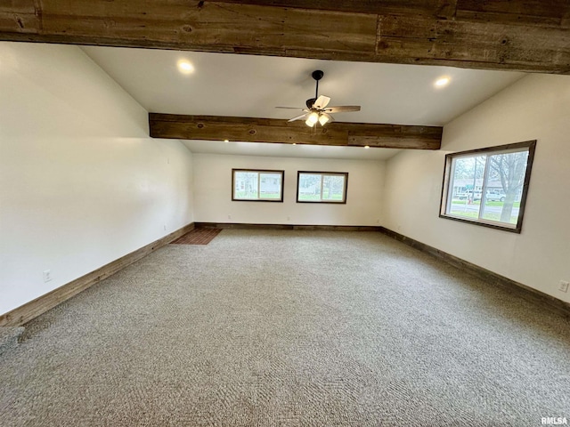 1401 12th Ave, Viola, IL 61486 - empty room with carpet, a ceiling fan, beam ceiling, and recessed lighting