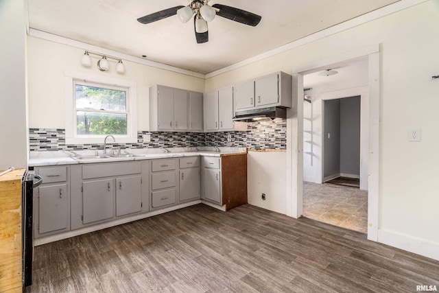 503 W Idaho Ave, Carterville, IL 62918 - kitchen featuring gray cabinetry, under cabinet range hood, ceiling fan, backsplash, and ornamental molding