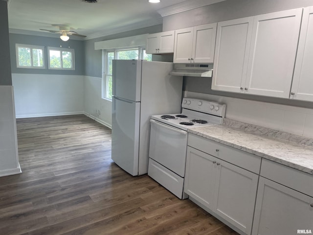304 Lynda Dr Unit A/B, Carbondale, IL 62901 - kitchen featuring white appliances, under cabinet range hood, crown molding, a ceiling fan, and white cabinets