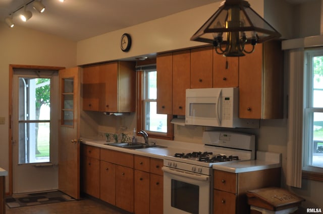 30154 395th Ave, Bellevue, IA 52031 - kitchen featuring white appliances, light countertops, track lighting, and plenty of natural light