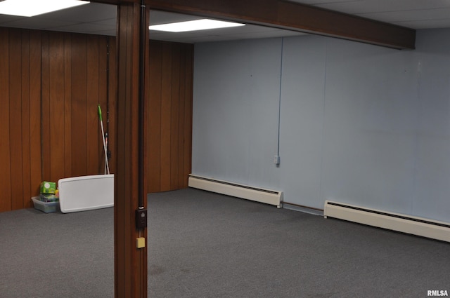 30154 395th Ave, Bellevue, IA 52031 - finished basement featuring a baseboard radiator, carpet floors, and wooden walls