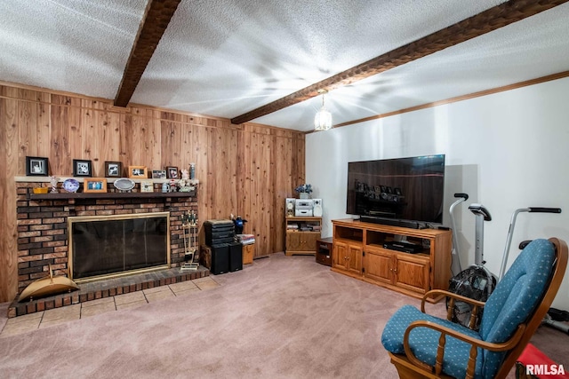 1903 Melvin Rd, West Frankfort, IL 62896 - carpeted living room featuring beam ceiling, a brick fireplace, wood walls, and a textured ceiling