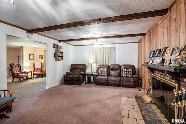 1903 Melvin Rd, West Frankfort, IL 62896 - living area with beam ceiling, a textured ceiling, light colored carpet, a brick fireplace, and wooden walls