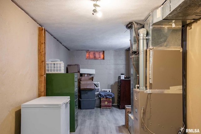 5680 State Route 146 E Highway, Vienna, IL 62995 - finished basement featuring refrigerator, light wood-style floors, concrete block wall, and heating unit