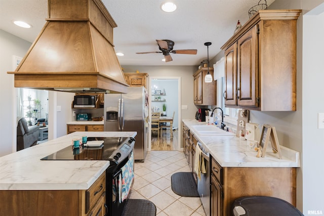 10224 Illinois Steel Rd, Johnston City, IL 62951 - kitchen featuring black appliances, custom range hood, ceiling fan, light tile patterned flooring, and a center island