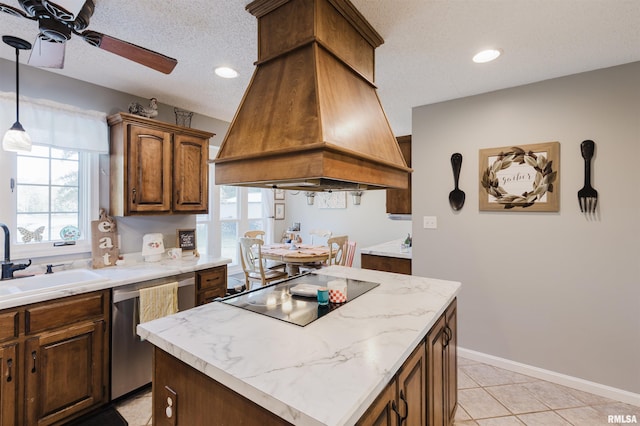 10224 Illinois Steel Rd, Johnston City, IL 62951 - kitchen with custom exhaust hood, dishwasher, black electric stovetop, plenty of natural light, and recessed lighting