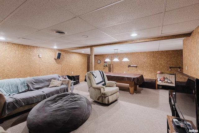 10224 Illinois Steel Rd, Johnston City, IL 62951 - recreation room featuring carpet flooring, a paneled ceiling, billiards, and recessed lighting