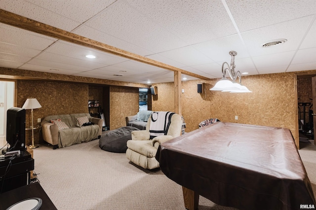 10224 Illinois Steel Rd, Johnston City, IL 62951 - game room featuring carpet flooring, a paneled ceiling, and billiards table
