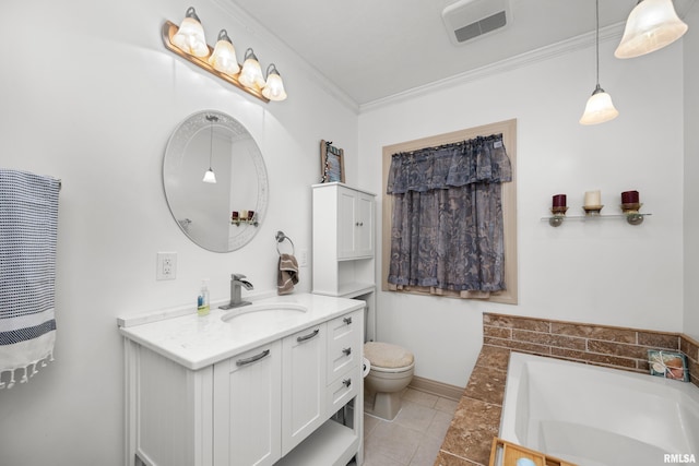 5003 48th St, Moline, IL 61265 - full bath featuring vanity, ornamental molding, a bath, and tile patterned flooring