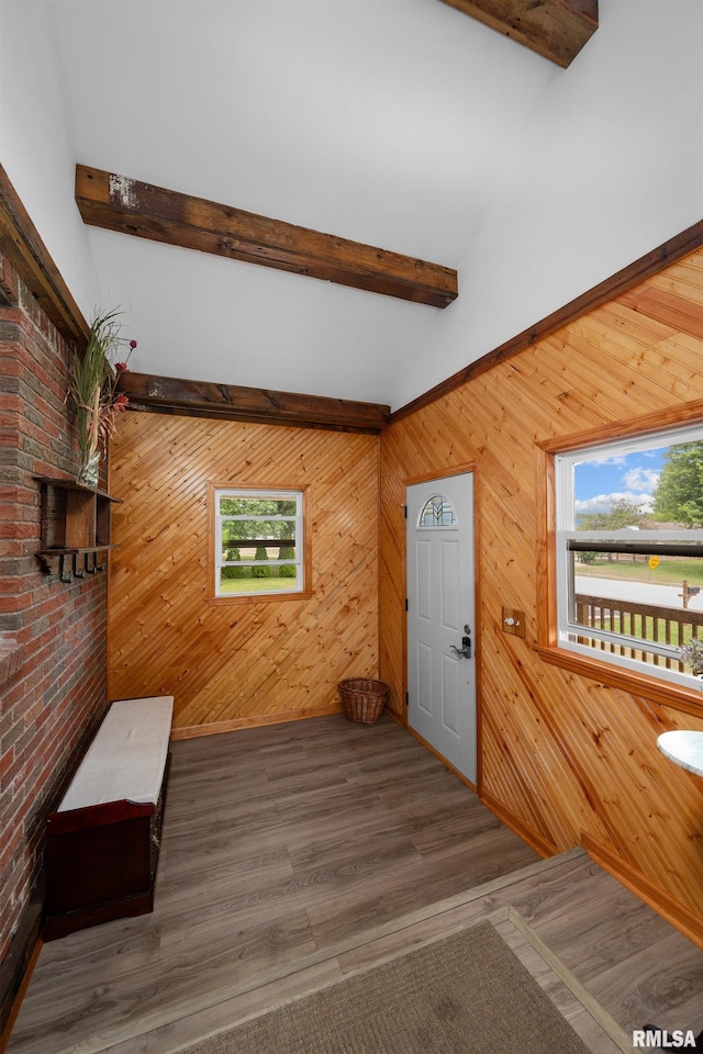 5003 48th St, Moline, IL 61265 - foyer entrance featuring beamed ceiling, wood finished floors, and wood walls