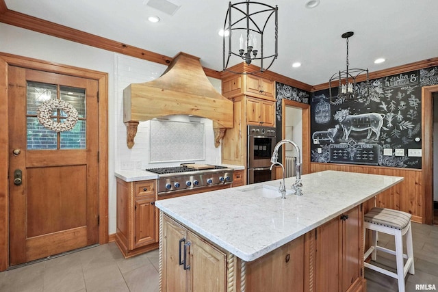 118 Ridgewood Ave, Davenport, IA 52803 - kitchen featuring a chandelier, stainless steel appliances, ornamental molding, tasteful backsplash, and light stone countertops