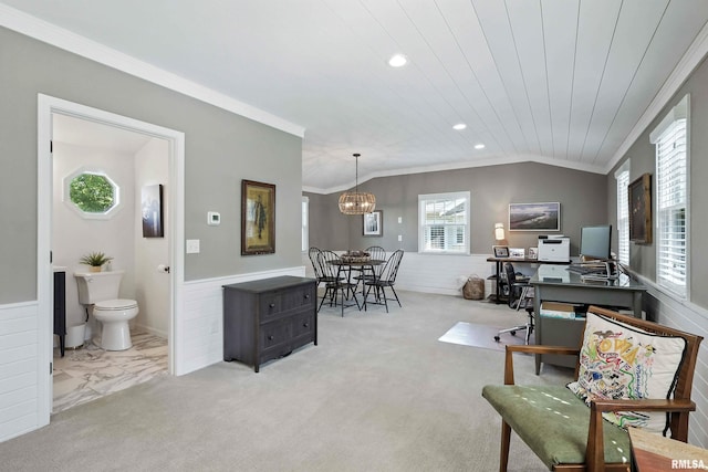 118 Ridgewood Ave, Davenport, IA 52803 - carpeted living room featuring ornamental molding, a wainscoted wall, recessed lighting, a chandelier, and wood ceiling