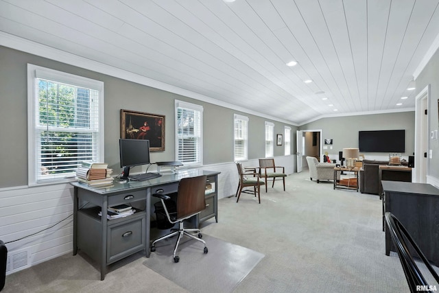 118 Ridgewood Ave, Davenport, IA 52803 - home office featuring crown molding, healthy amount of natural light, light colored carpet, recessed lighting, and wooden ceiling