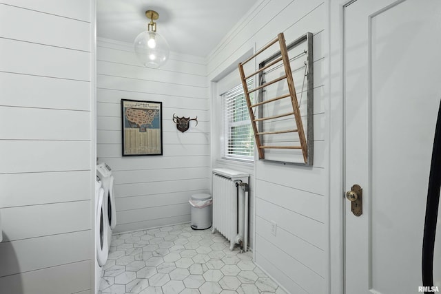 118 Ridgewood Ave, Davenport, IA 52803 - bathroom with washing machine and dryer, ornamental molding, wooden walls, and radiator heating unit