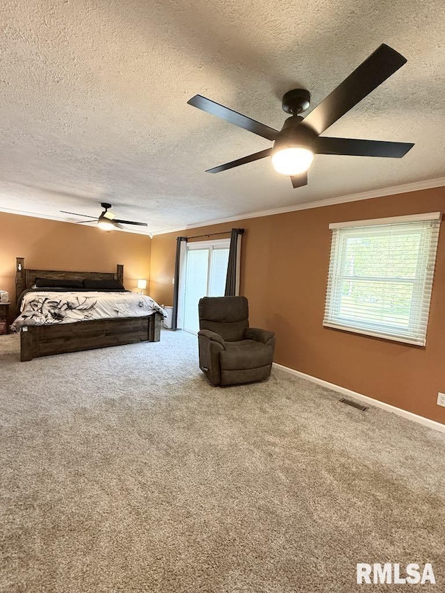 15293 Wall St, Carterville, IL 62918 - bedroom with a textured ceiling, ornamental molding, carpet flooring, and ceiling fan