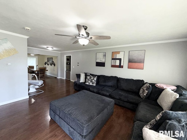 15293 Wall St, Carterville, IL 62918 - living room featuring wood finished floors, crown molding, and ceiling fan
